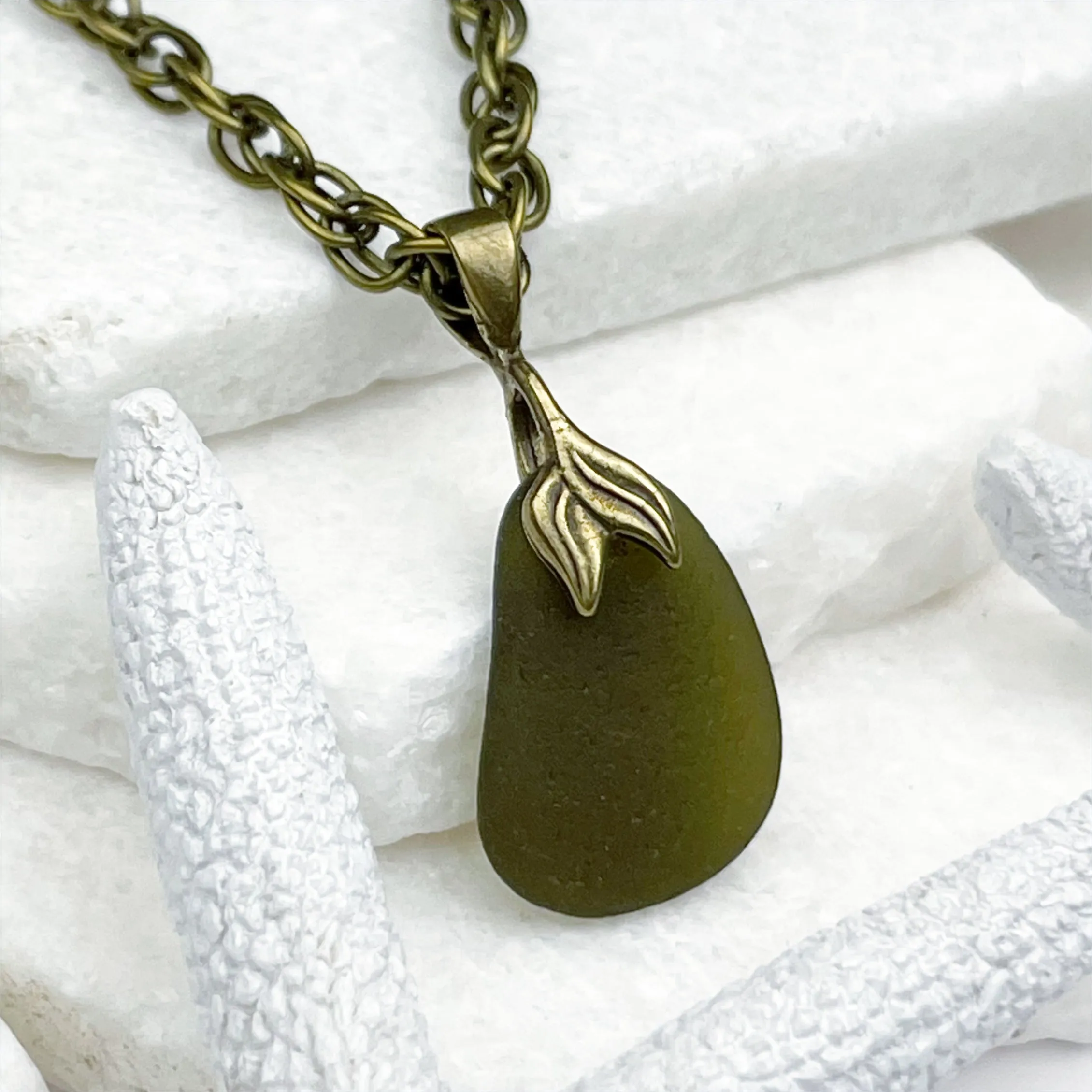 True Olive Sea Glass Pendant with a Bronze Mermaid Tail Bail | #5059