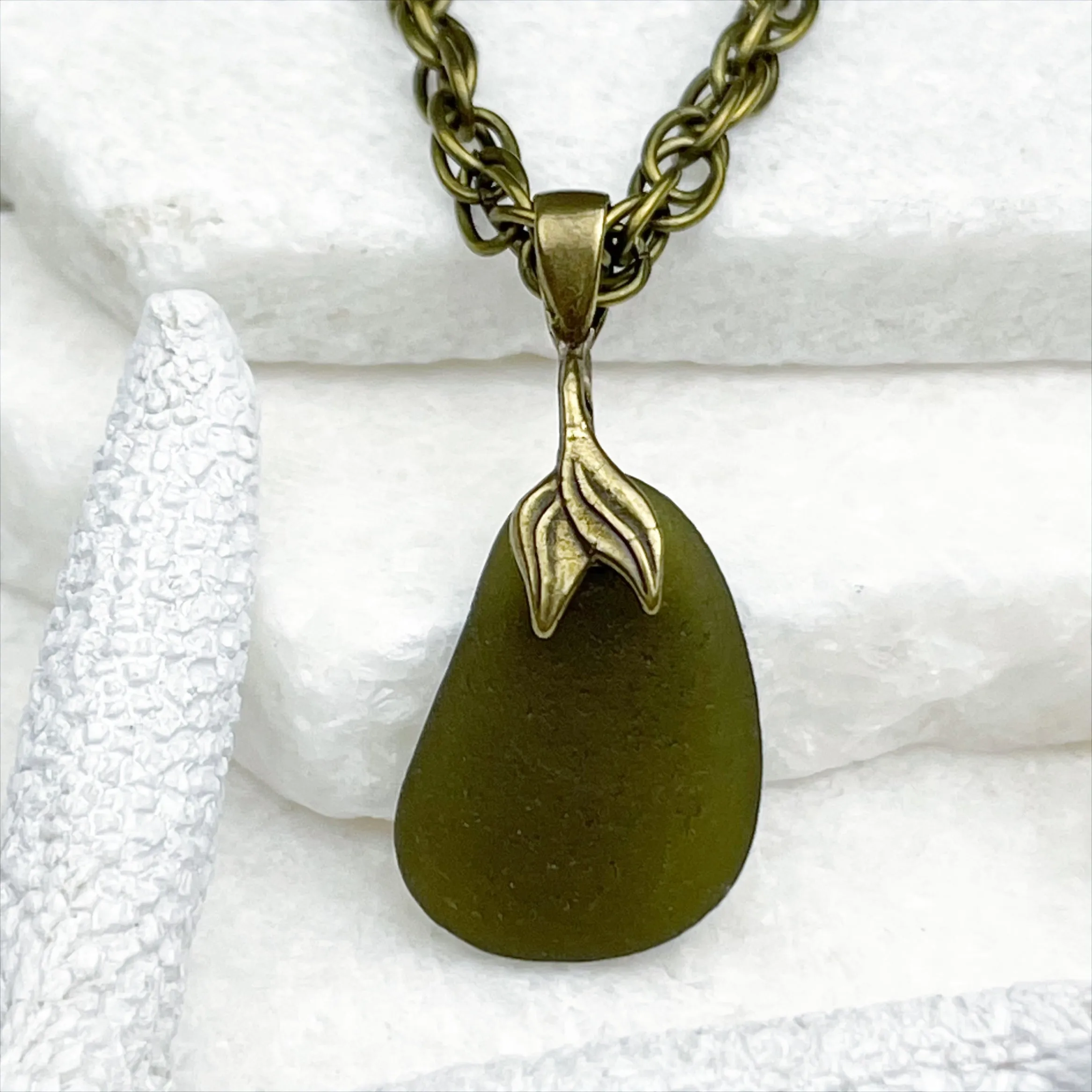 True Olive Sea Glass Pendant with a Bronze Mermaid Tail Bail | #5059