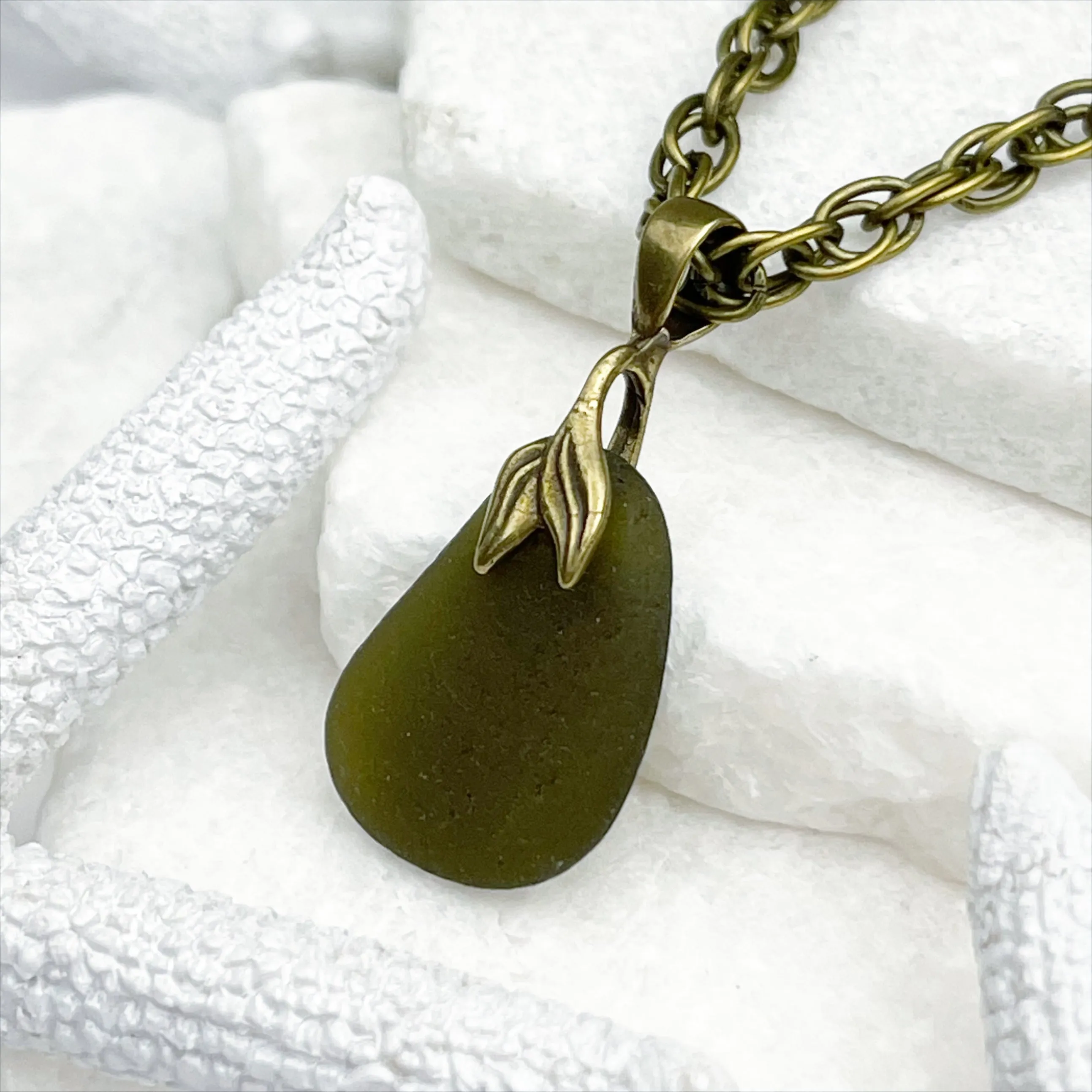 True Olive Sea Glass Pendant with a Bronze Mermaid Tail Bail | #5059