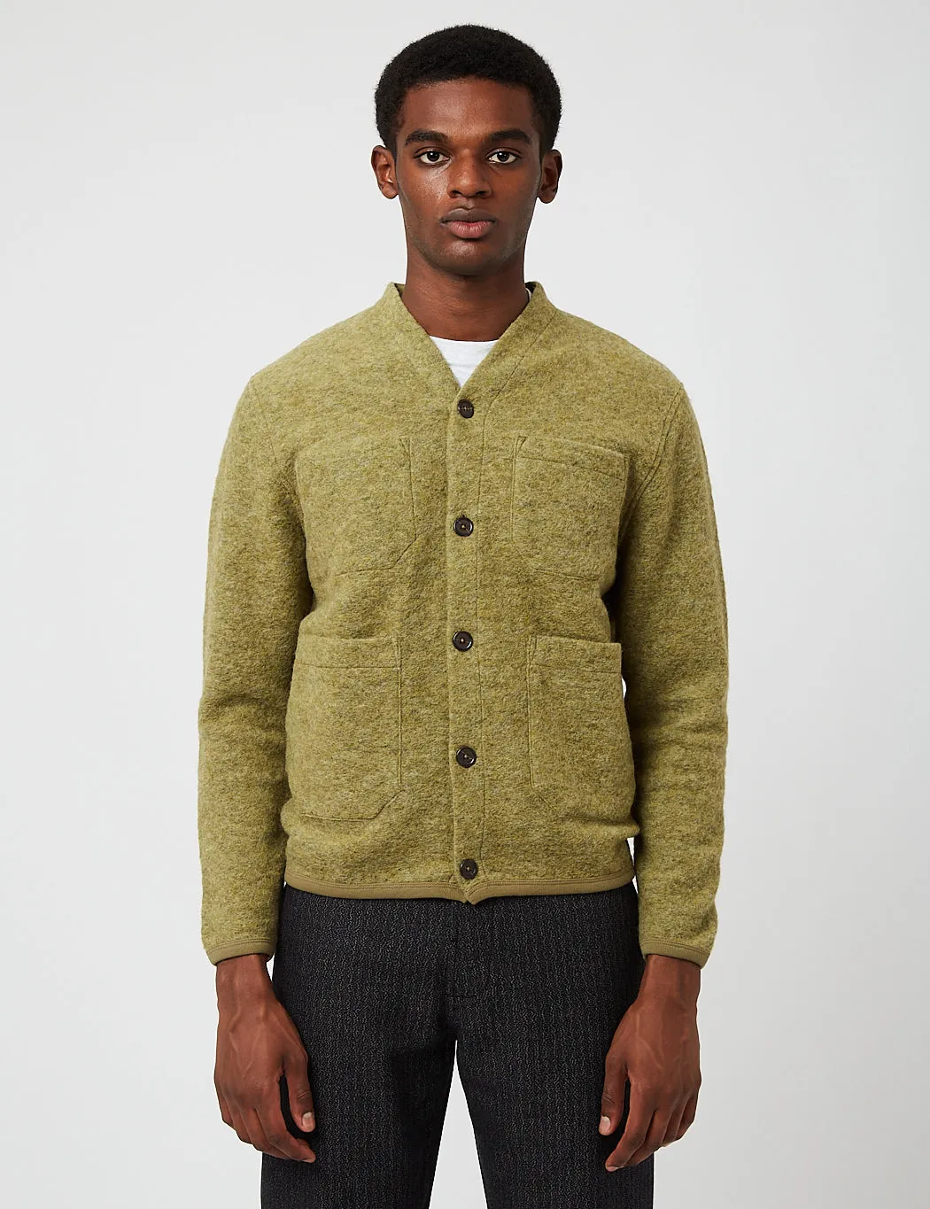 Universal Works Cardigan (Wool Fleece) - Light Olive Green