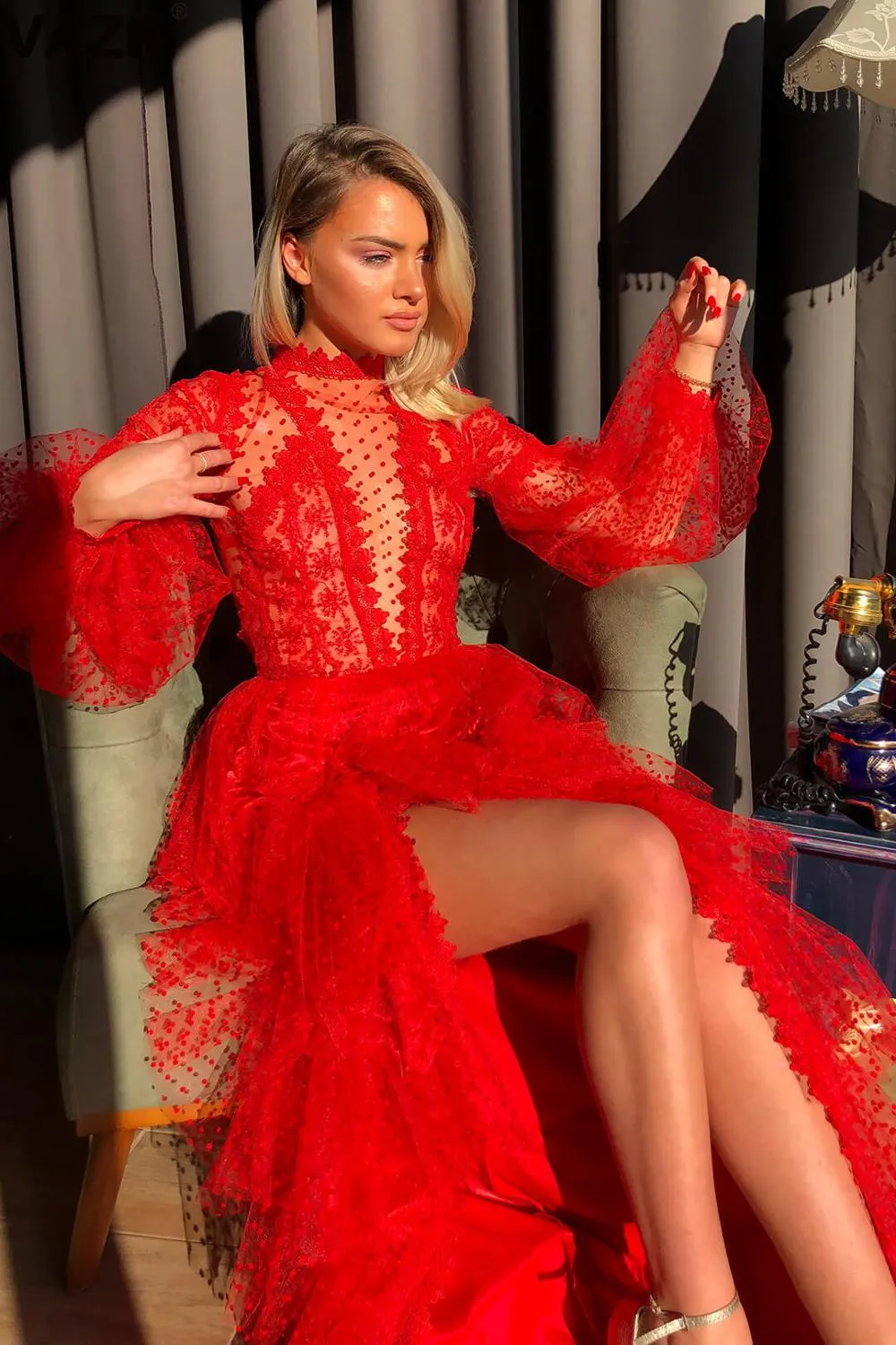 VAZN New Formal Elegant Red Color Lace Hollow Out A-line Night Party Chic Ladies Slim  Dress 2020 Full Sleeve Lady Maxi Dress