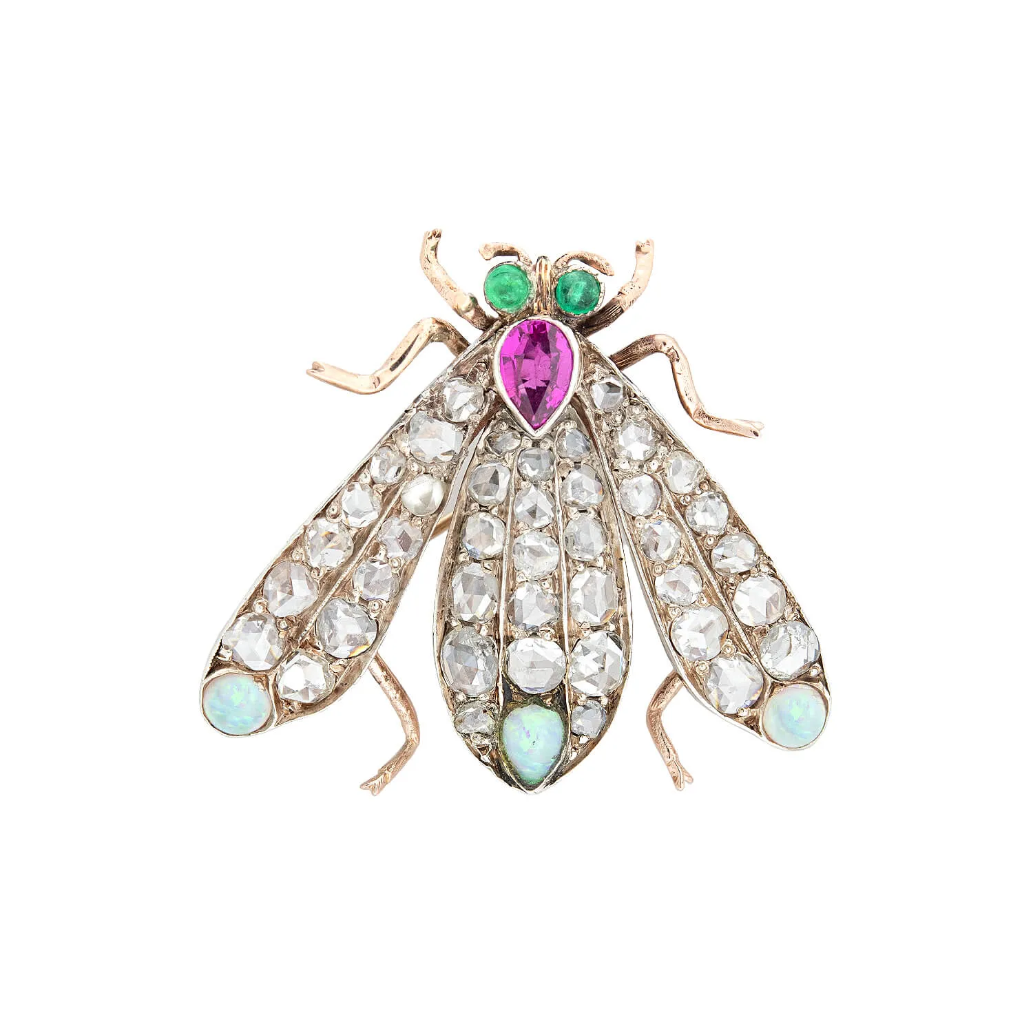 Victorian 14kt/Sterling Diamond, Opal, Emerald,   Ruby Fly Pin/Pendant