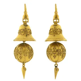 Victorian 15kt Etruscan Ball & Bell Hanging Earrings