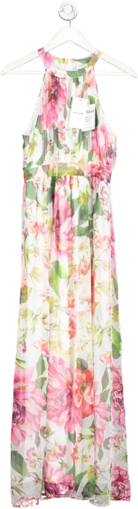 VILA White Floral Print Halterneck Maxi Dress UK 10