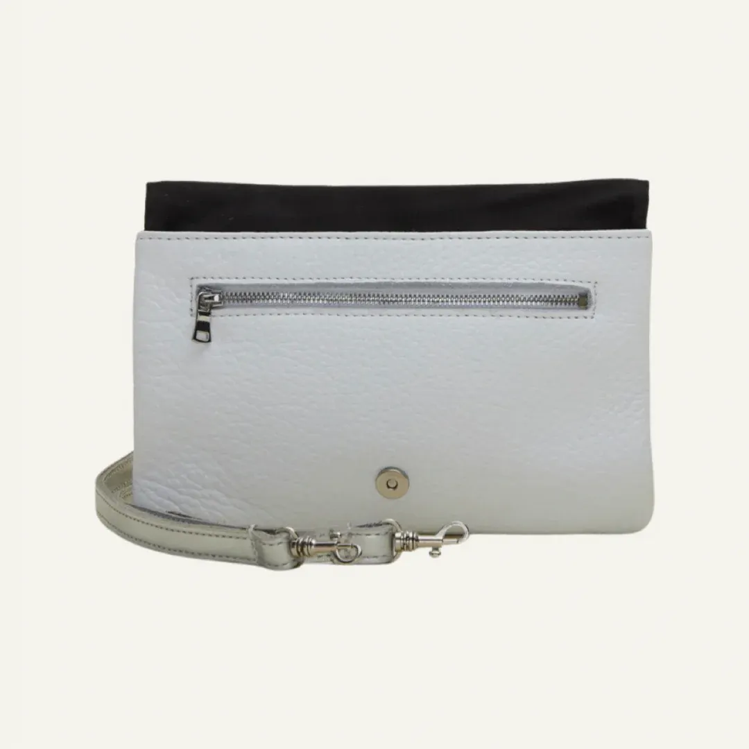 WHT/SLVMET/AMAL/BB Belt Bag | White   Silver Metallic Snake Print Stripe "The Amal"