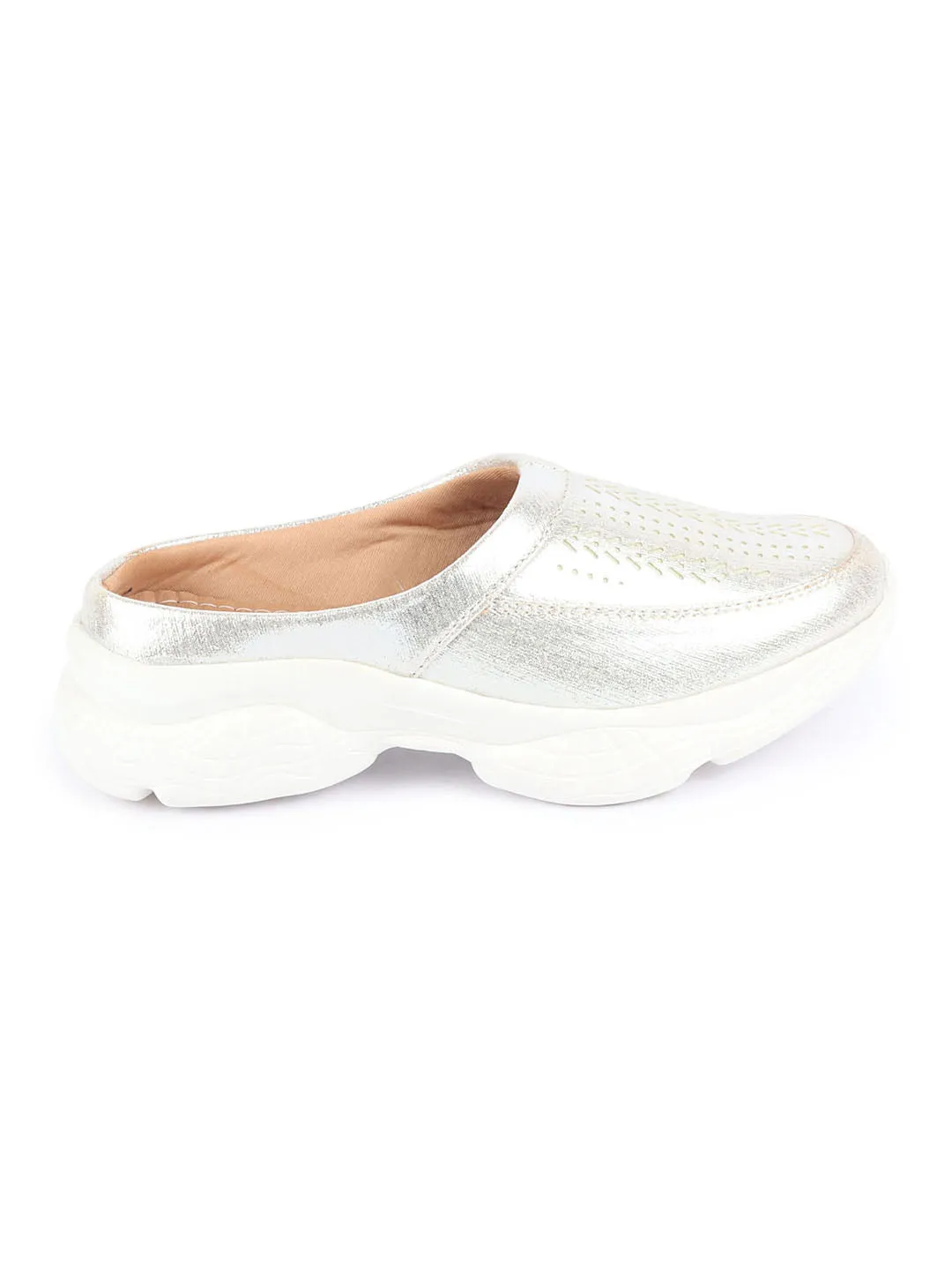 Women Silver Laser Cut Design Stitched Back Open Slip On Mules Shoes