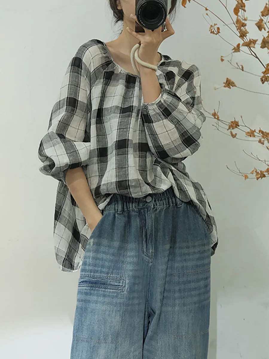 Women Spring Plaid Artsy Linen Loose Blouse KL1048