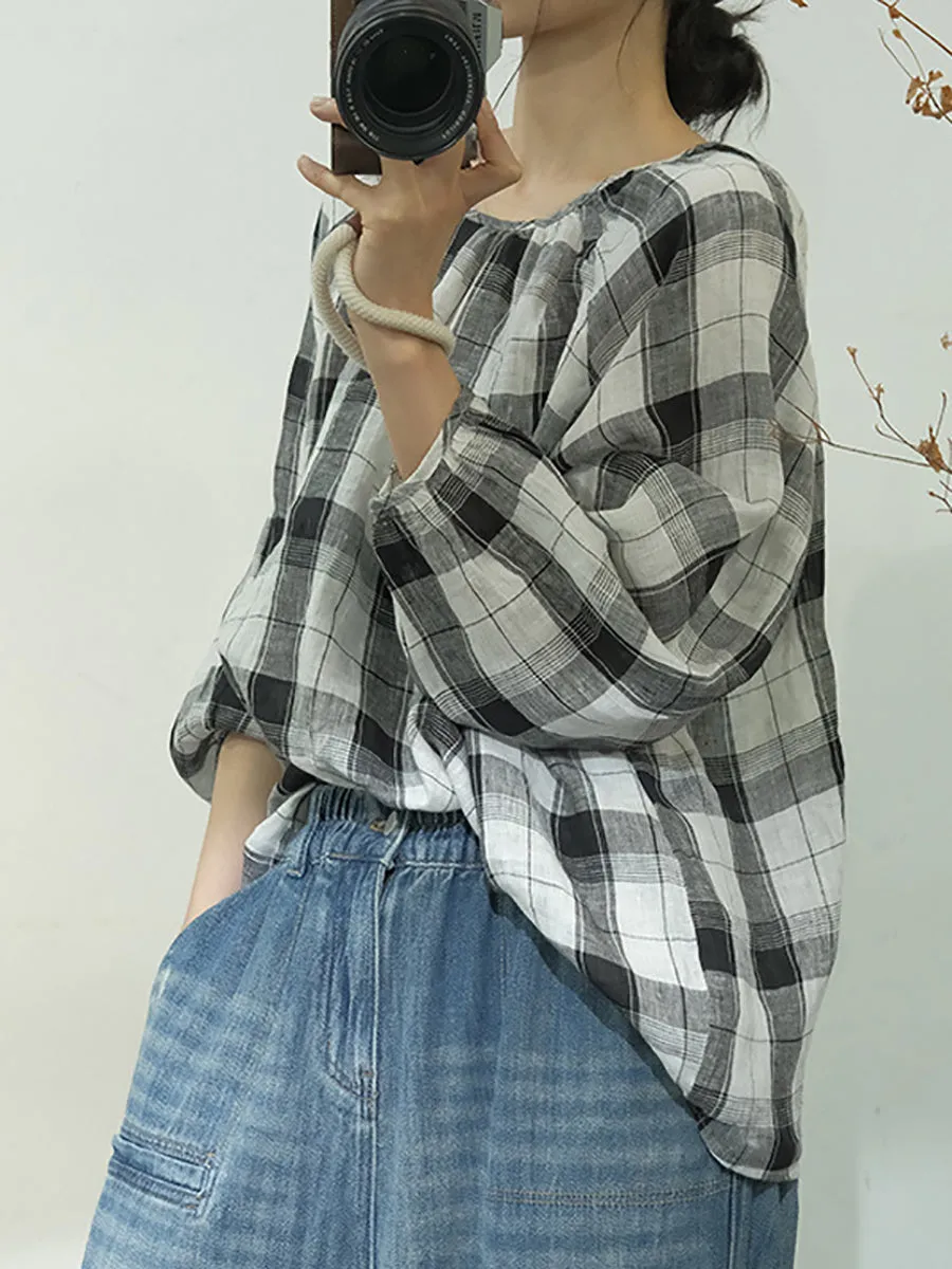 Women Spring Plaid Artsy Linen Loose Blouse KL1048