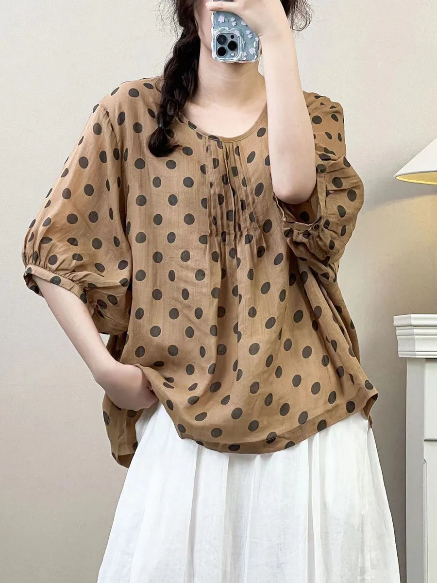 Women Summer Artsy Dot Shirred Ramie Loose Shirt SC1035