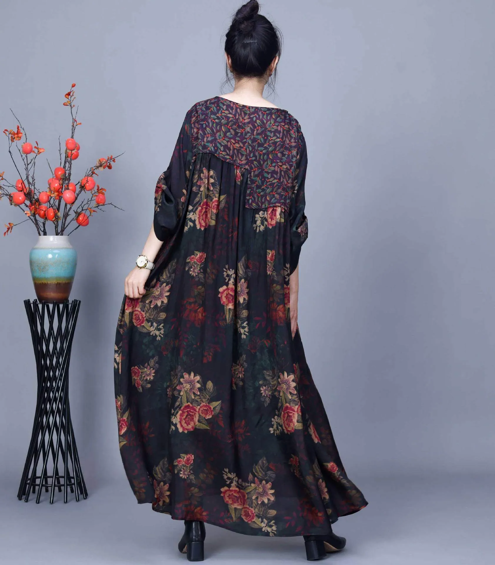 Women Vintage Floral Spliced Spring Loose Dress