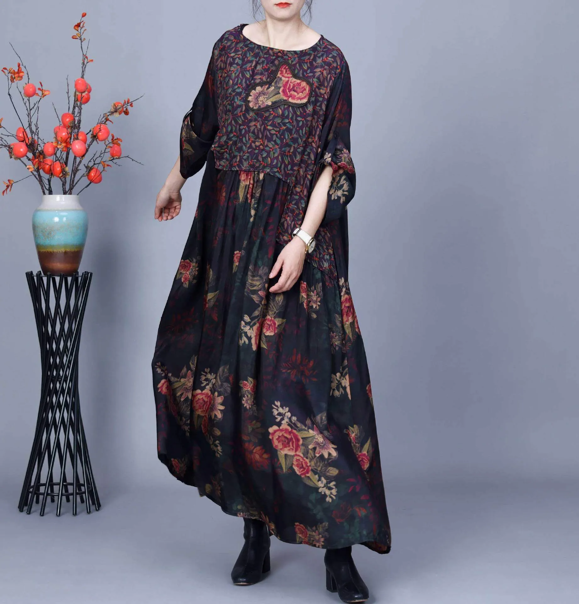 Women Vintage Floral Spliced Spring Loose Dress