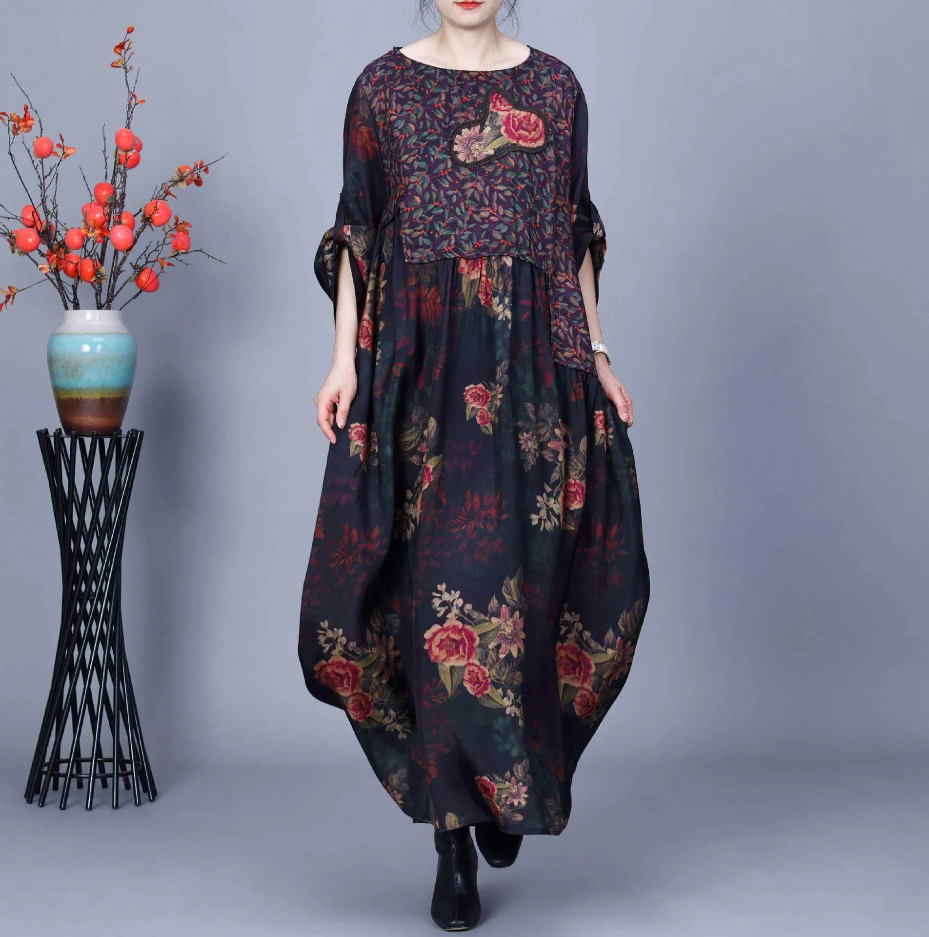 Women Vintage Floral Spliced Spring Loose Dress