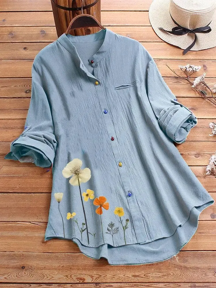 Women's Button Down Round Neck Shirt Classic Long Sleeved Fashion Shirt Floral Pattern Office Work Shirt Blouse