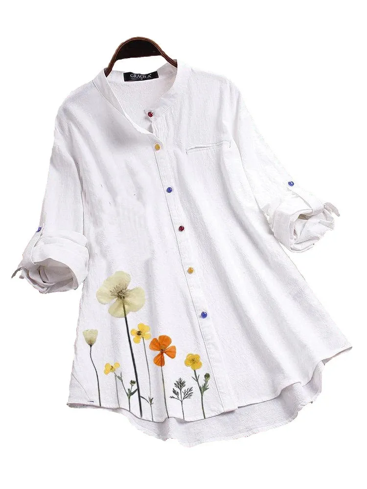 Women's Button Down Round Neck Shirt Classic Long Sleeved Fashion Shirt Floral Pattern Office Work Shirt Blouse