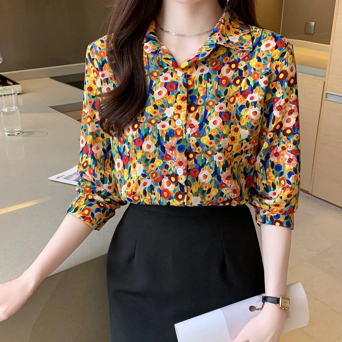 Women's Chiffon Vintage Abstract Print Button Up Loose Shirts Long Sleeve