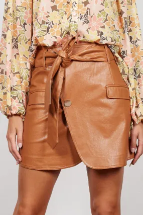 Zimi Tie Waist Faux Leather Camel Mini Skirt