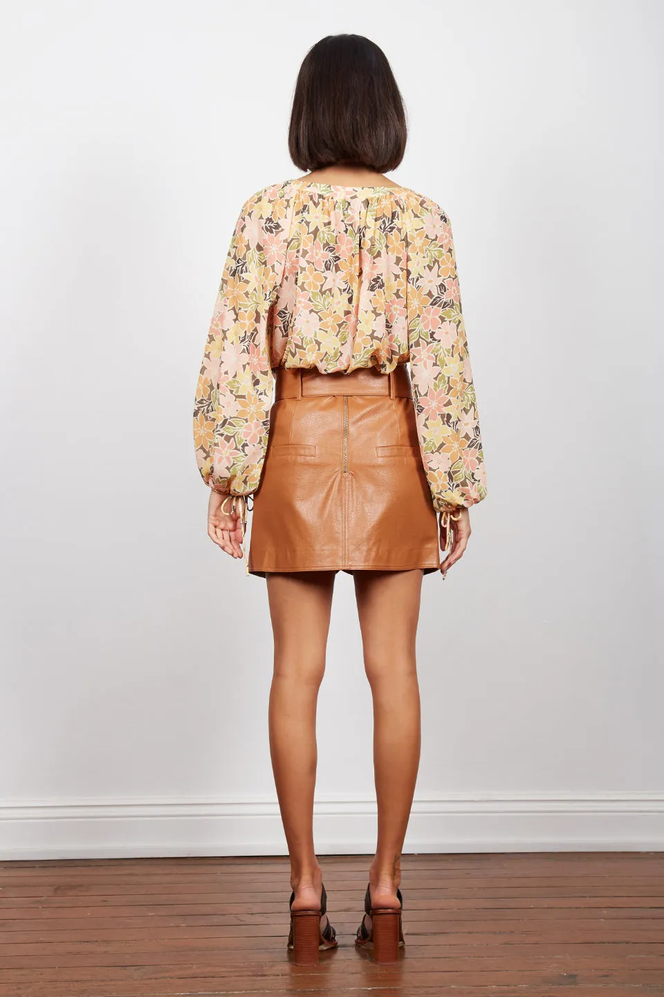 Zimi Tie Waist Faux Leather Camel Mini Skirt